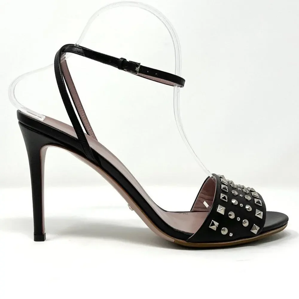 Gucci Sandals Black Leather Studded Ankle Strap Heels EU 39.5 / US 9.5 High Heel